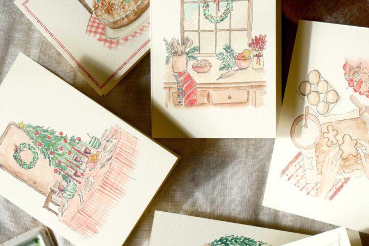 Composición de christmas navideños con ilustraciones en acuarela de coronas regalos y motivos festivos pintados a mano