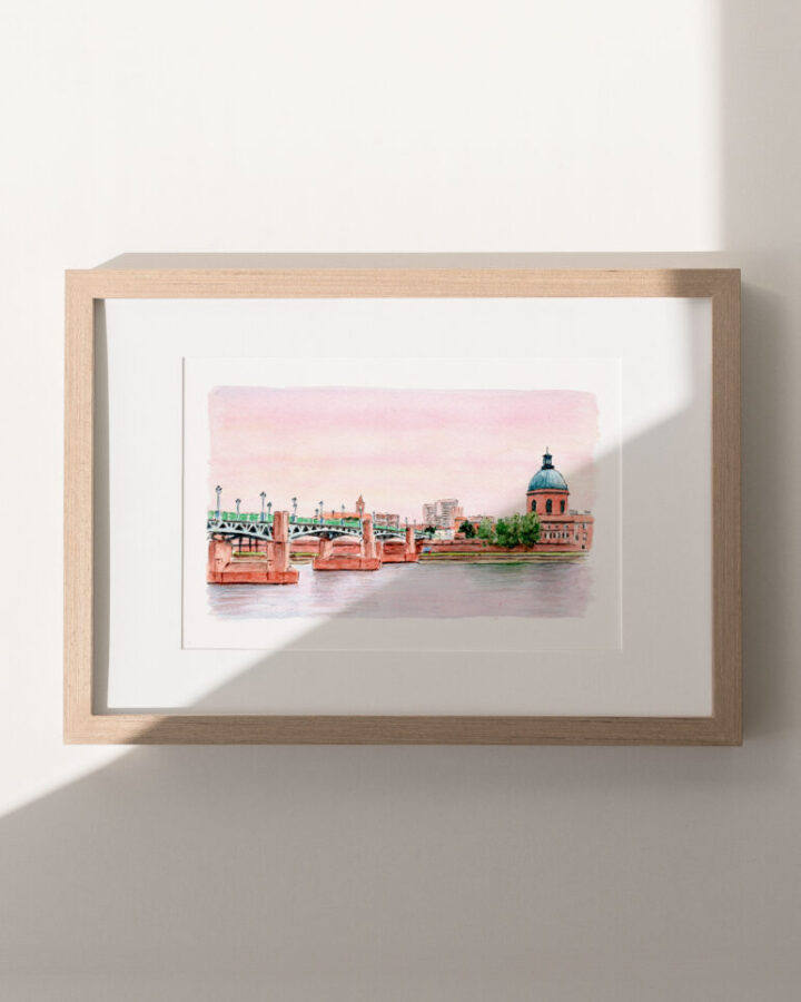 Ilustración en acuarela de Toulouse con el puente Pont Neuf sobre el río Garona y la cúpula del hospital de La Grave al atardecer
