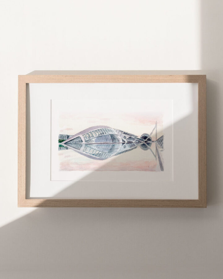 Ilustración panorámica de Valencia con sus monumentos emblemáticos pintada en acuarela a mano enmarcada como lámina decorativa urbana