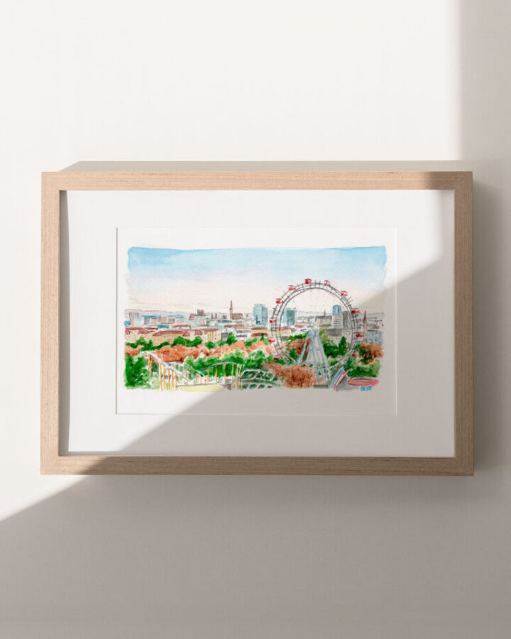 Ilustración en acuarela de Viena con la noria gigante del Prater y el perfil de la ciudad rodeada de parques verdes