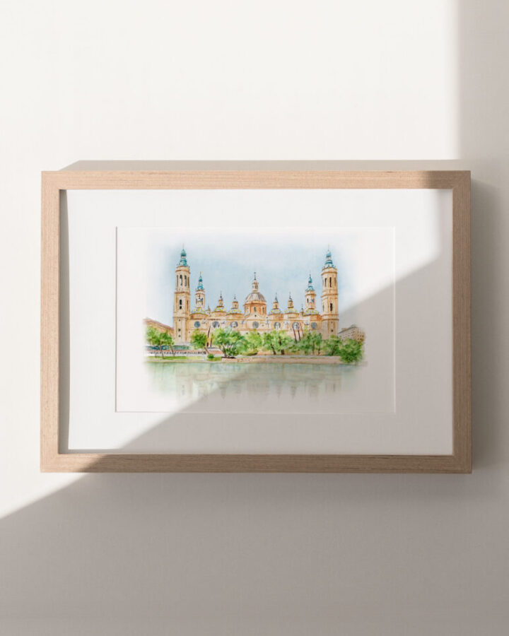 Ilustración panorámica de Zaragoza con la Basílica del Pilar pintada en acuarela a mano enmarcada como lámina decorativa urbana