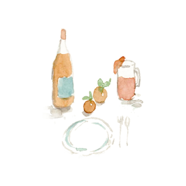 Bodegón botánico pintado a mano en acuarela con botella de flores hojas verdes y cítricos sobre fondo blanco