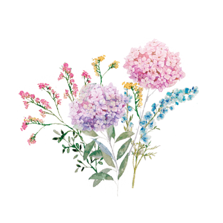 Ramo de flores variadas en acuarela artesanal con hortensias, lilas y flores azules sobre fondo transparente para diseño de papelería