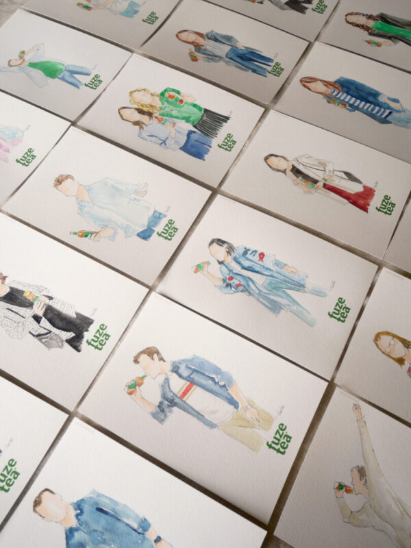 Colección de retratos en acuarela pintados a mano sobre tarjetas individuales para evento de la marca Fuze Tea con personajes únicos