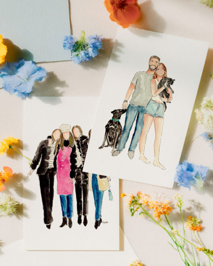 Ilustración en acuarela de grupo de cuatro personas pintada a mano con estilo Live Art sobre lámina de papel premium