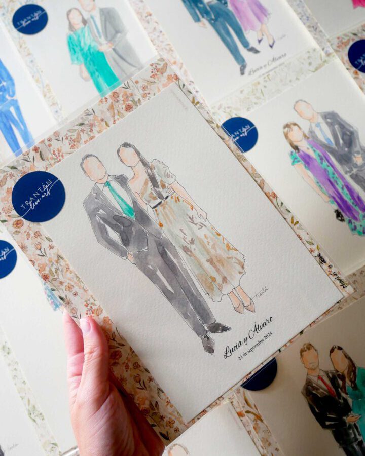 Láminas con retratos personalizados de parejas de novios pintados a mano en acuarela con diferentes estilos y atuendos nupciales