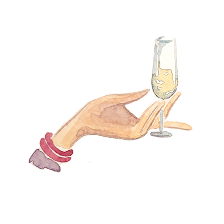 Ilustracion acuarelada de mano sosteniendo copa de champan para coleccion de boda Ilustrada de Trantan
