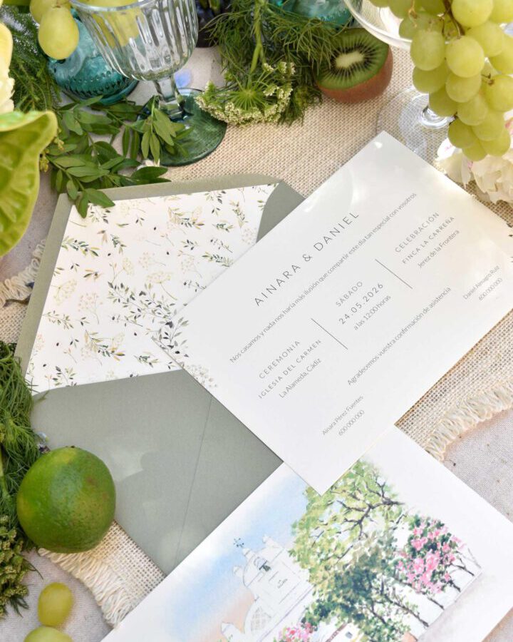Invitación de boda con tipografía moderna, sobre verde salvia con forro botánico e ilustración en acuarela de la finca de celebración