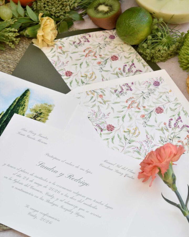 Invitaciones de boda Flores de Otono dispuestas en abanico sobre fondo con naranjas limas flores rosas y vegetacion en vista cenital
