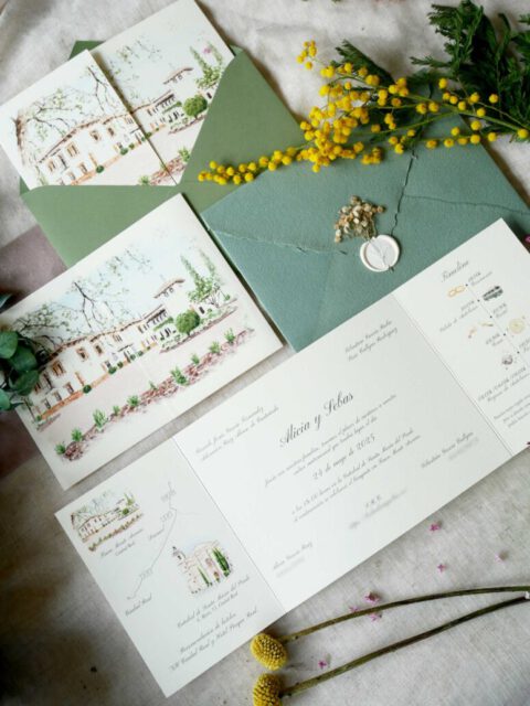 Conjunto de invitación de boda con ilustración del lugar de celebración pintada a mano en acuarela, sobre con sello de lacre y papelería coordinada