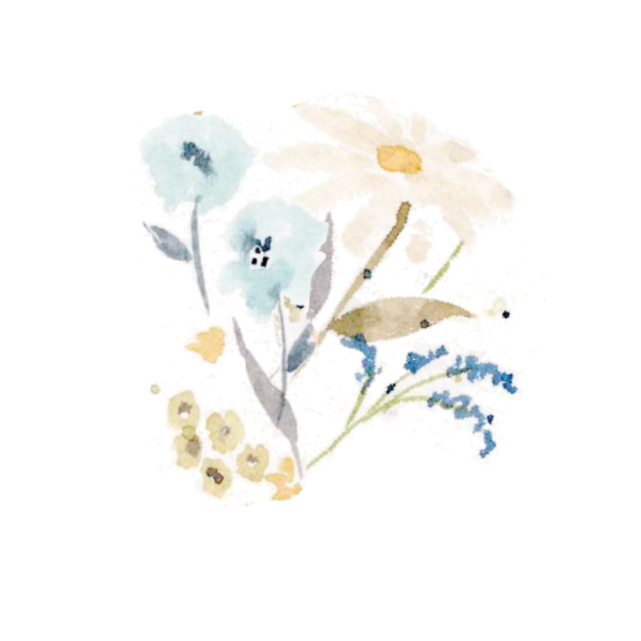 Ramo de margaritas y flores silvestres acuareladas en tonos dorados azules y verdes para coleccion de boda Margarot