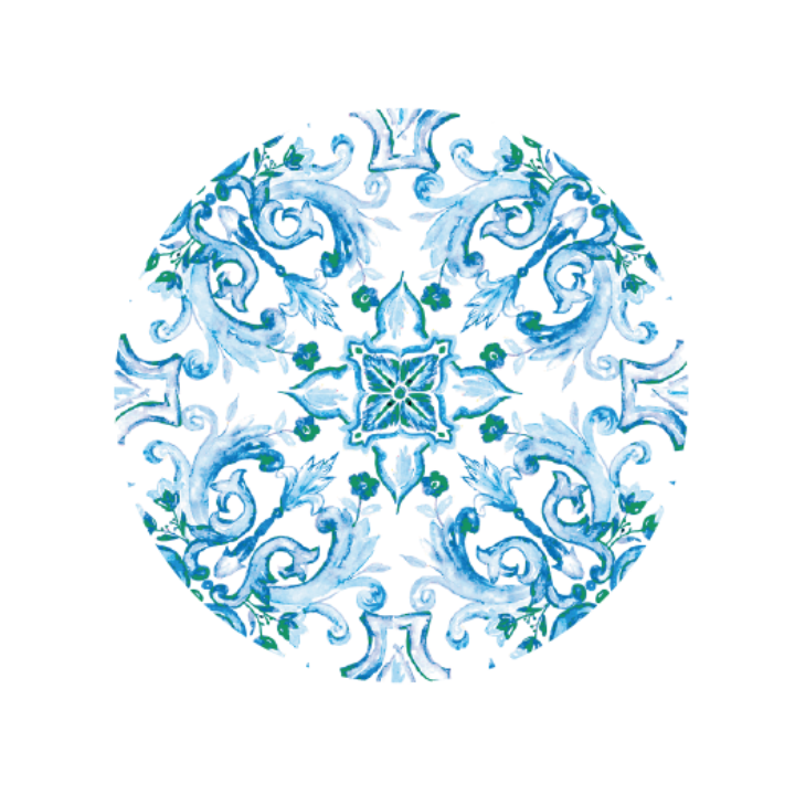 Motivo decorativo de azulejo ceramico hidraulico en tonos azules y turquesa para coleccion de boda Mediterraneo