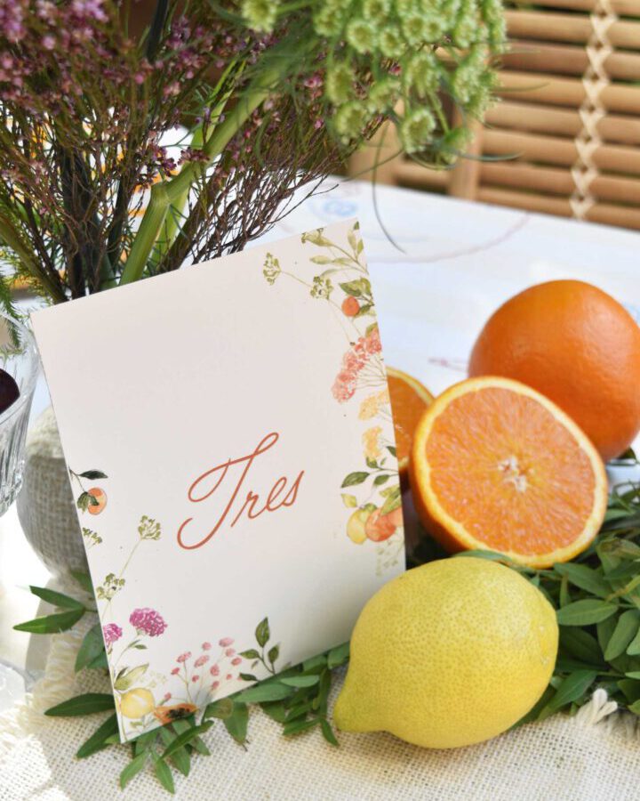 Mesero de boda con número de mesa tres escrito en caligrafía elegante decorado con ilustraciones de frutas y flores en acuarela