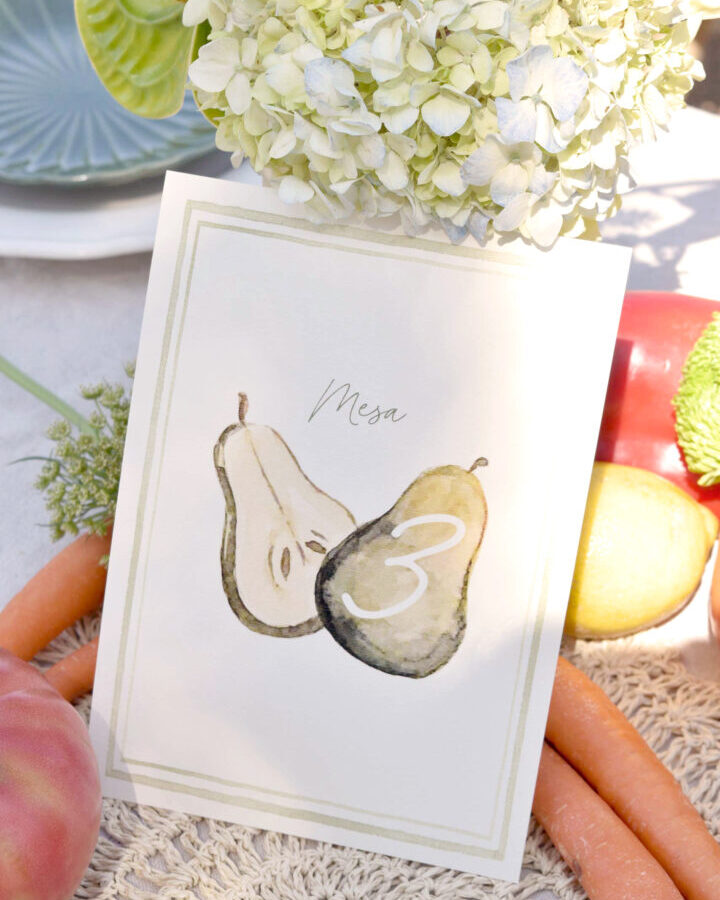 Mesero boda acuarela pera pintada a mano caligrafía mesa número papel premium marco decorativo tonos naturales