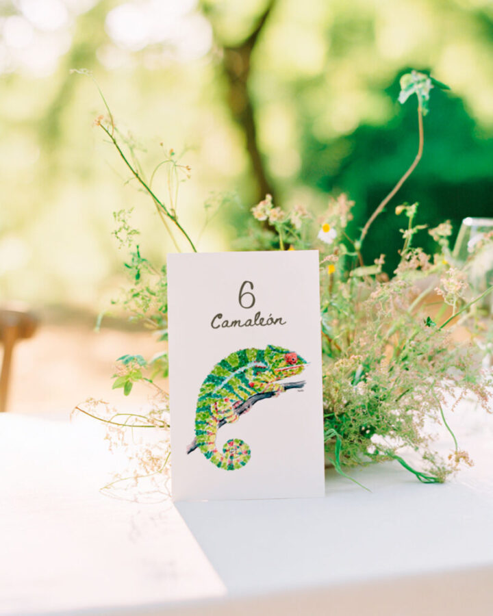 Mesero de mesa para boda coleccion Safari con ilustracion acuarelada de camaleon verde y numero de mesa presentado al aire libre en entorno ajardinado con vegetacion desenfocada