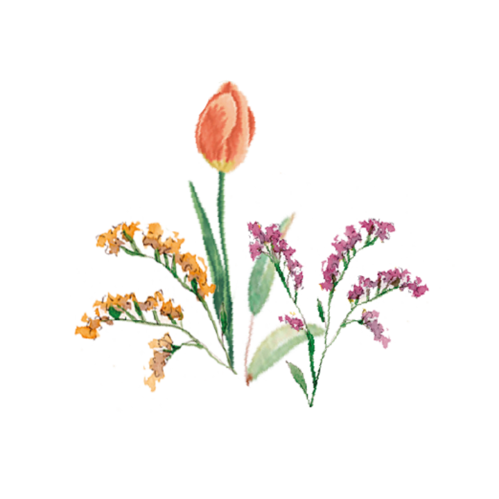 Ilustración en acuarela de composición otoñal con tulipán naranja, hojas secas, flores azules y ramas, icono de la colección Flores de Otoño