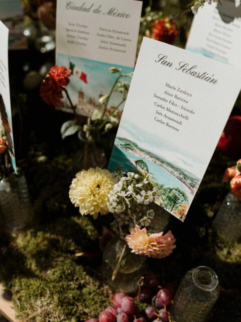 Tarjetas de seating plan de boda con nombres de ciudades y paisajes urbanos pintados en acuarela a mano entre arreglos florales