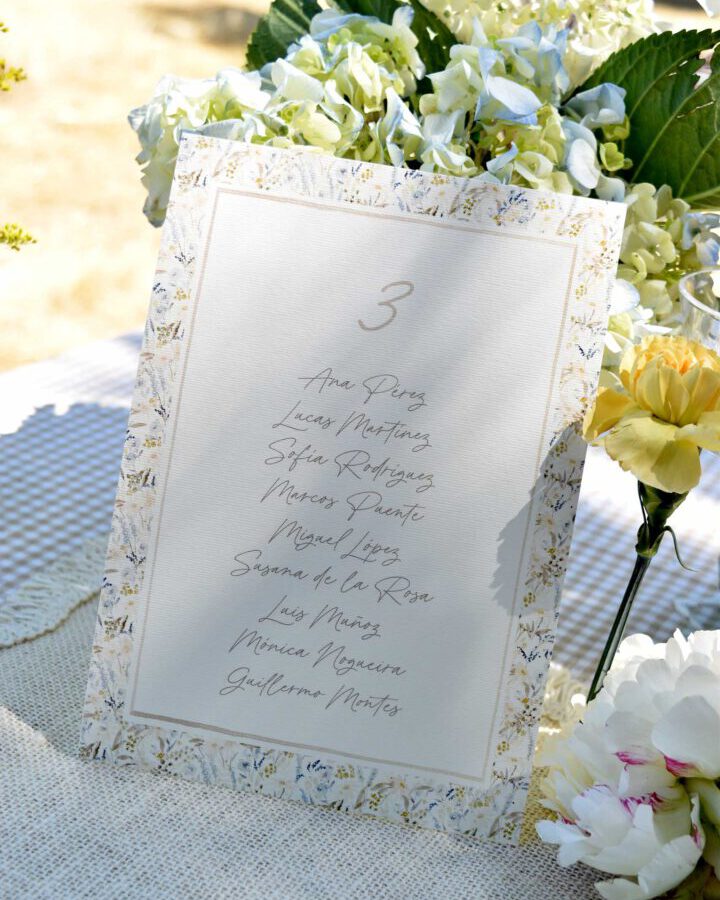 Tarjeta de seating plan modelo Margaret con orla de hojas verdes en acuarela a mano presentada sobre mesa decorada con flores blancas