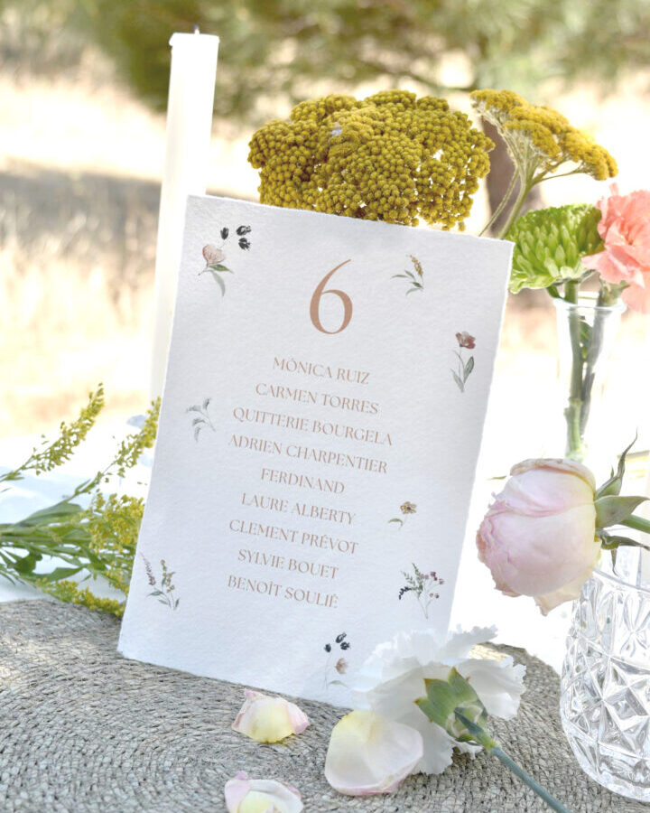 Seating plan boda artesano con ilustraciones botánicas de ramitas y hojas en acuarela dorada nombres invitados tipografía distinguida