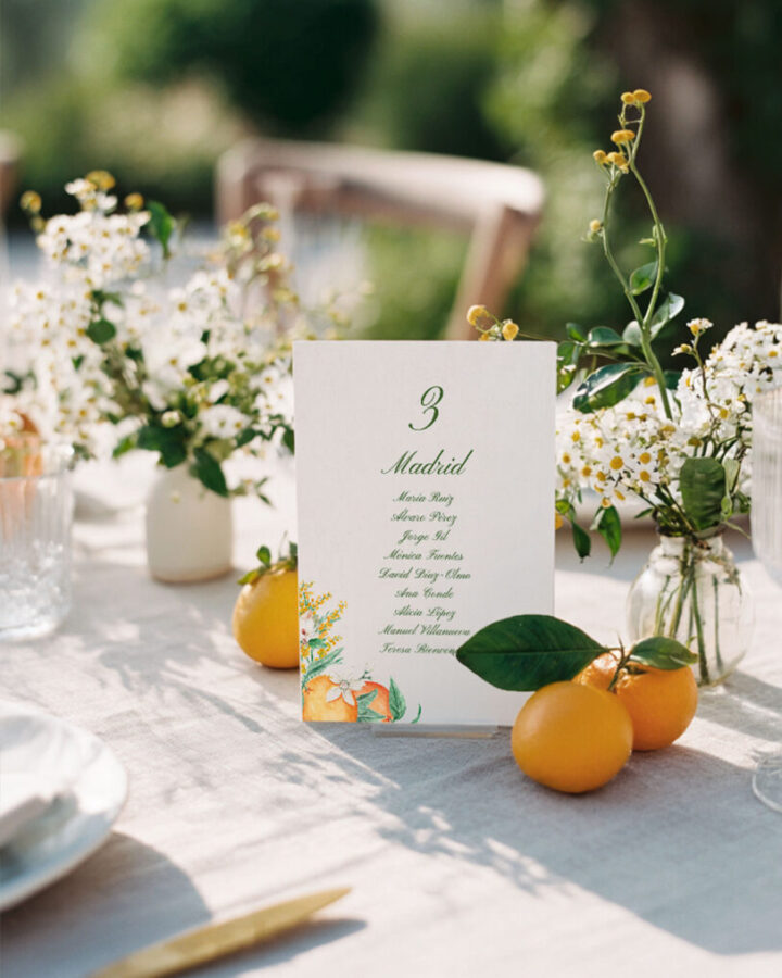 Seating de boda Azahar de Trantan Estudio con ilustraciones de naranjas pintadas en acuarela sobre mesa decorada con cítricos
