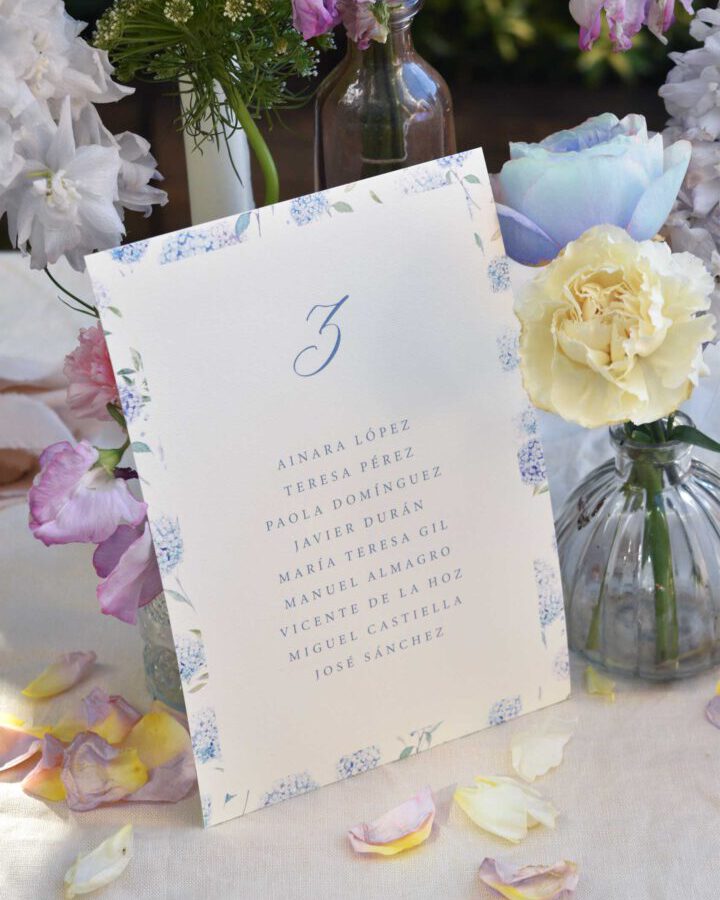 Seating plan de boda con hortensias azules pintadas en acuarela a mano presentado sobre mesa nupcial decorada con flores y pétalos