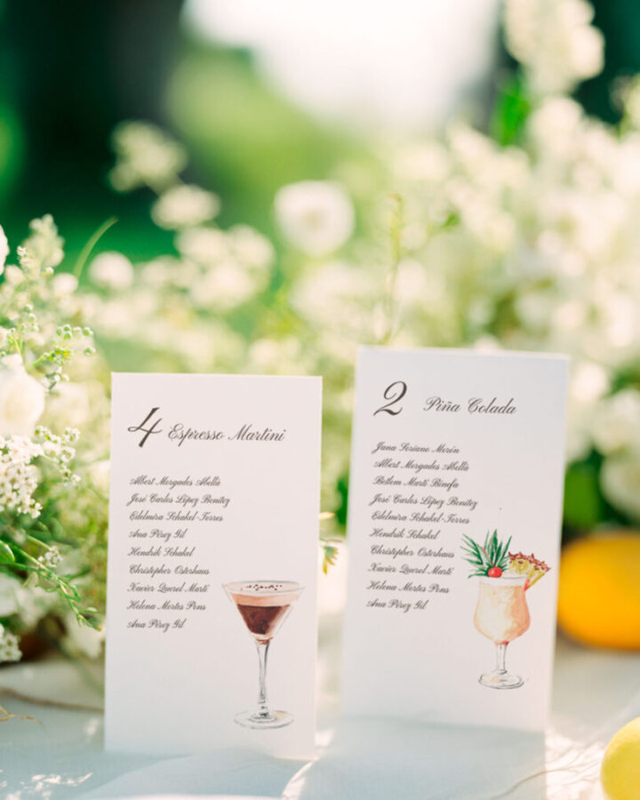 Tarjetas de seating plan para boda con ilustraciones de cócteles como Espresso Martini y Piña Colada y listado de invitados en caligrafía