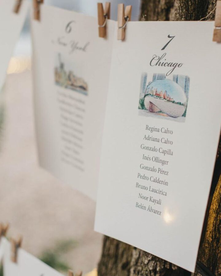 Seating plan de boda con tarjetas de mesa colgadas con pinzas en cuerdas sobre tronco de madera con ilustraciones en acuarela de ciudades de Estados Unidos como Chicago y Nueva York