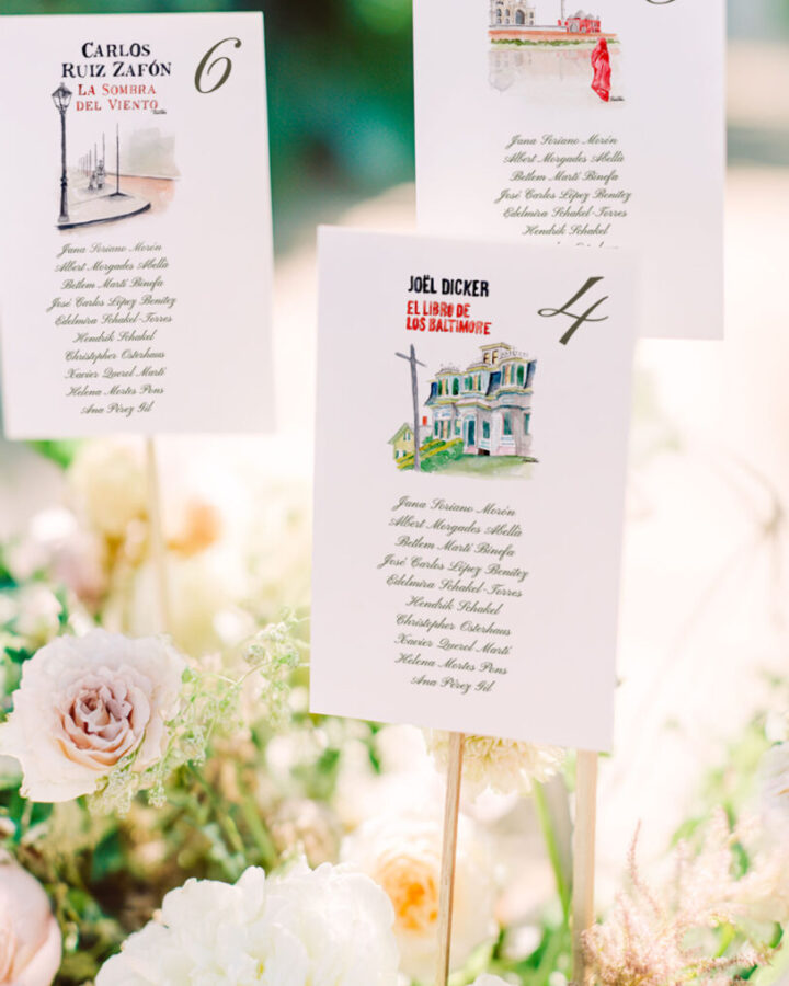 Seating plan de boda con tarjetas decoradas con acuarelas de portadas de libros como La Sombra del Viento y listas de invitados