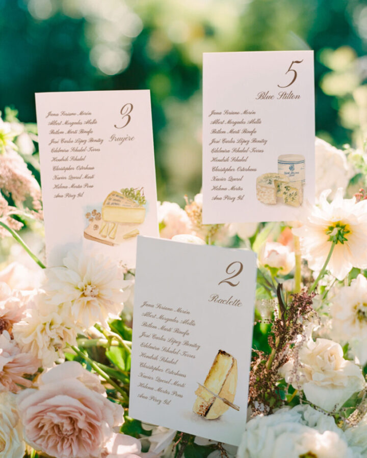 Tarjetas de seating plan para boda con ilustraciones de quesos como Gruyère, Blue Stilton y Raclette con listado de invitados