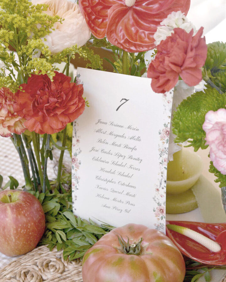 Seating plan boda floral con diseños propios de rosas y peonías en acuarela nombres de invitados en caligrafía elegante