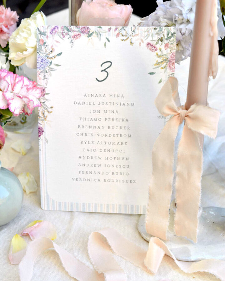 Tarjeta de mesa colección Florecer para boda con decoración floral en acuarela a mano y lazo de raso sobre ambientación con flores